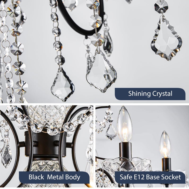 Bestier Black Finish Elegent Crystal Candle Candelabra Chandelier 6 Light Lighting Fixture LED Pendant Ceiling Light Dia 26 in x H 26 in - Image 4